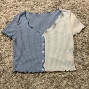 Womens Blue & White Ribbed Scalloped Button‎ Up Stretchy Shirt